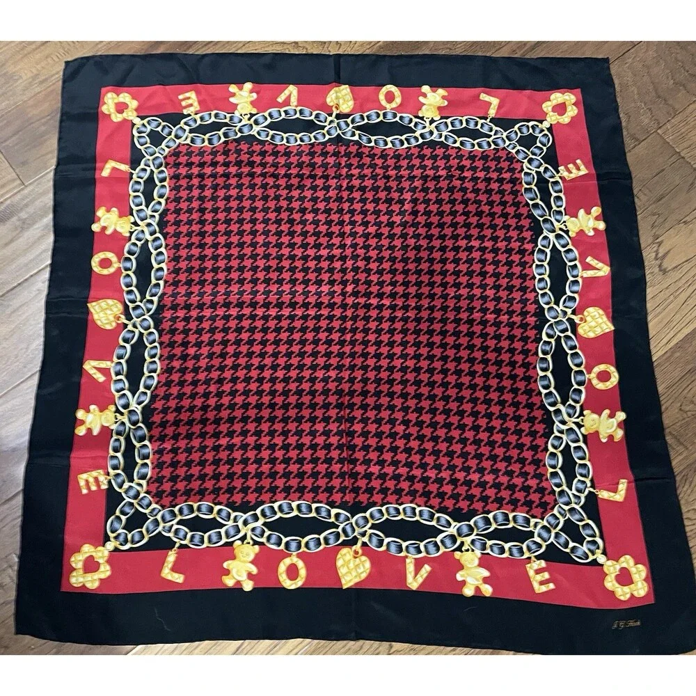 JG Hook vintage silk square scarf red black houndstooth chain link 32